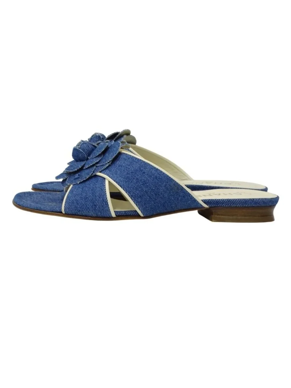 Chanel Sandals Camellia Denim Leather Blue White Summer Mules